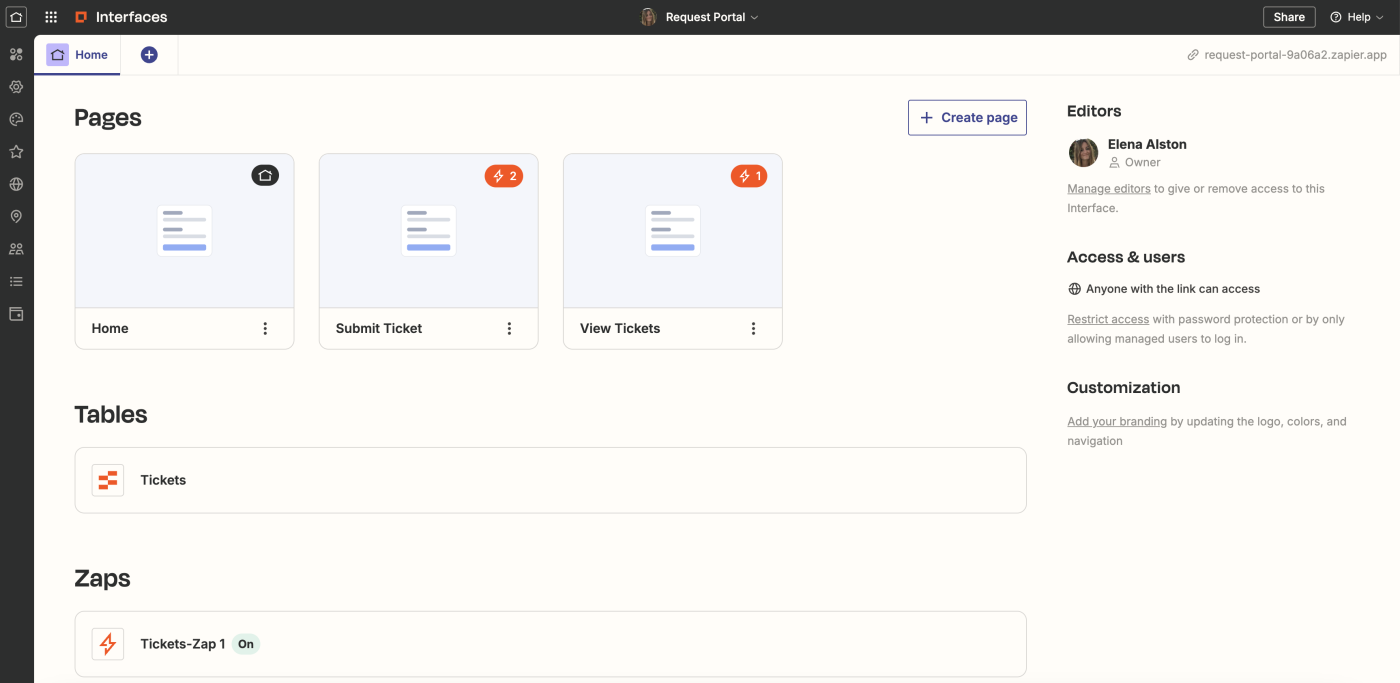 Screenshot of interconnected Zaps and tables