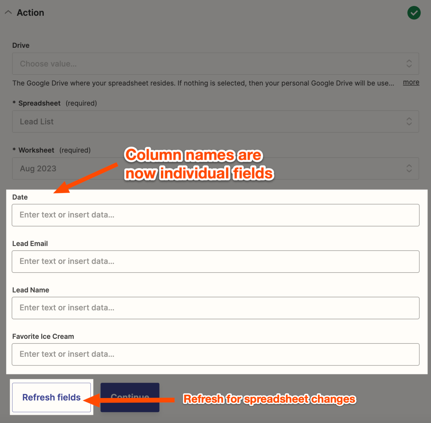 A screenshot highlighting the column name fields and refresh fields button of a Google Sheets action step in the Zapier editor.