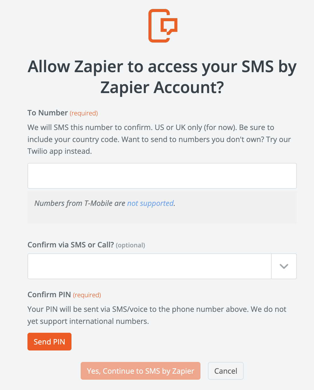 Fill in the required fields to authorize your SMS account