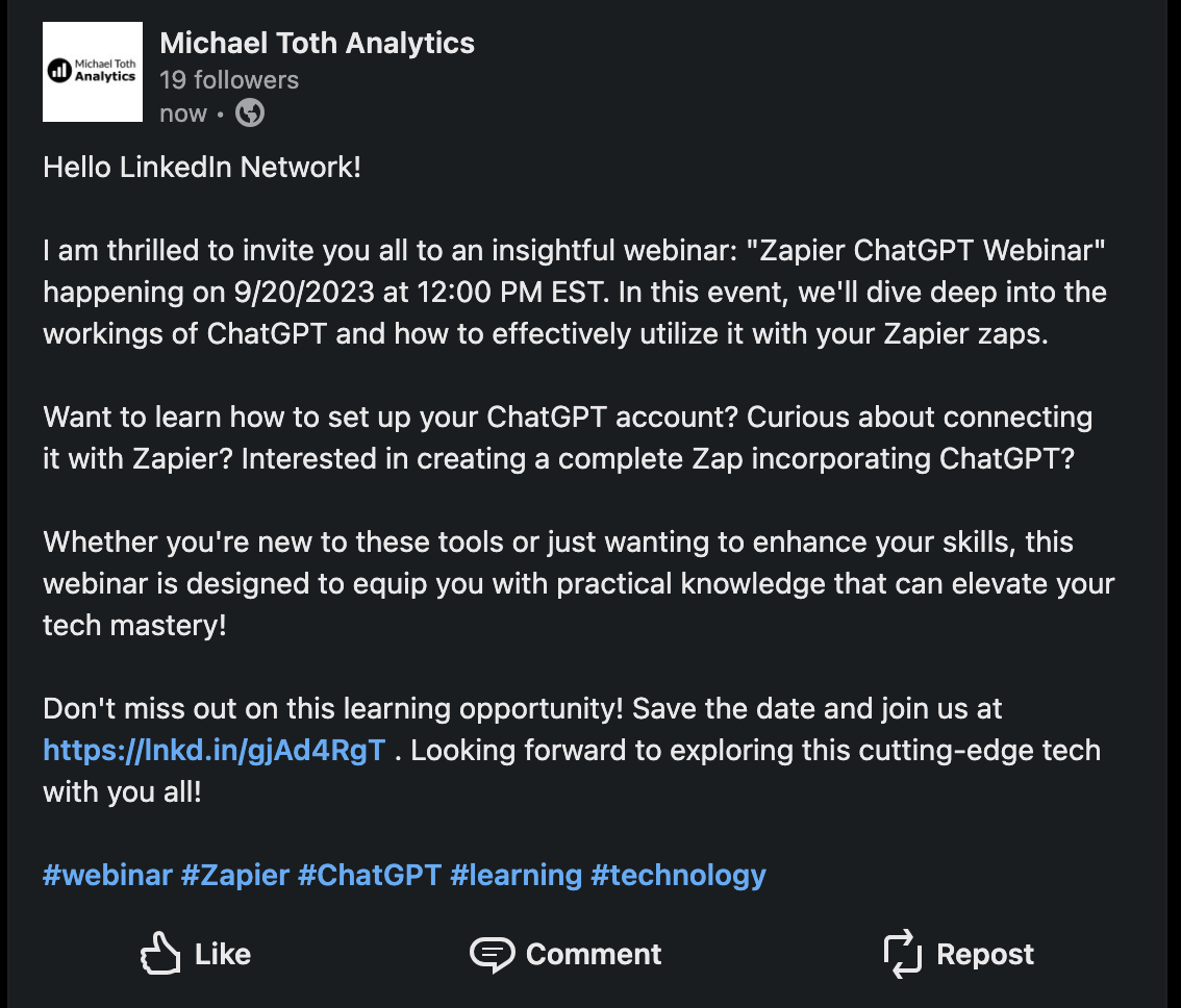 A LinkedIn post with details about a Zapier ChatGPT webinar.