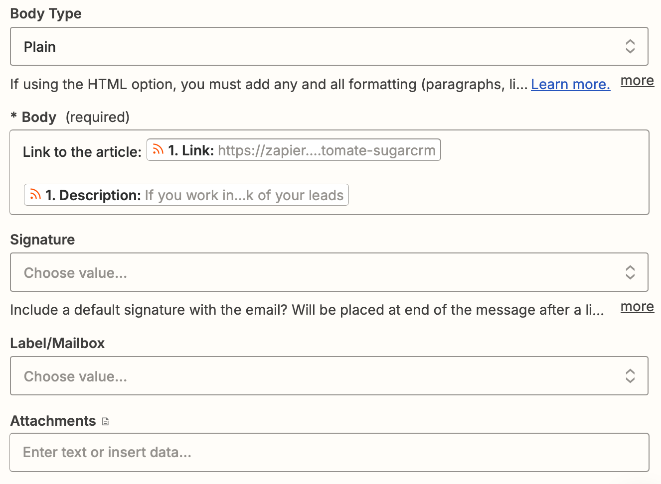 Email fields in an action step in the Zap editor.