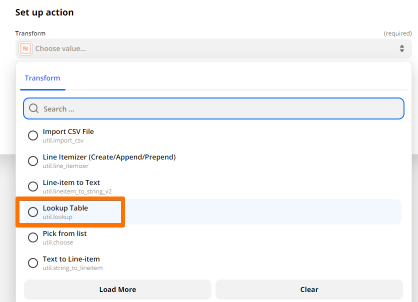 "Lookup Table" selected in an orange box in a dropdown menu labeled "Transform".