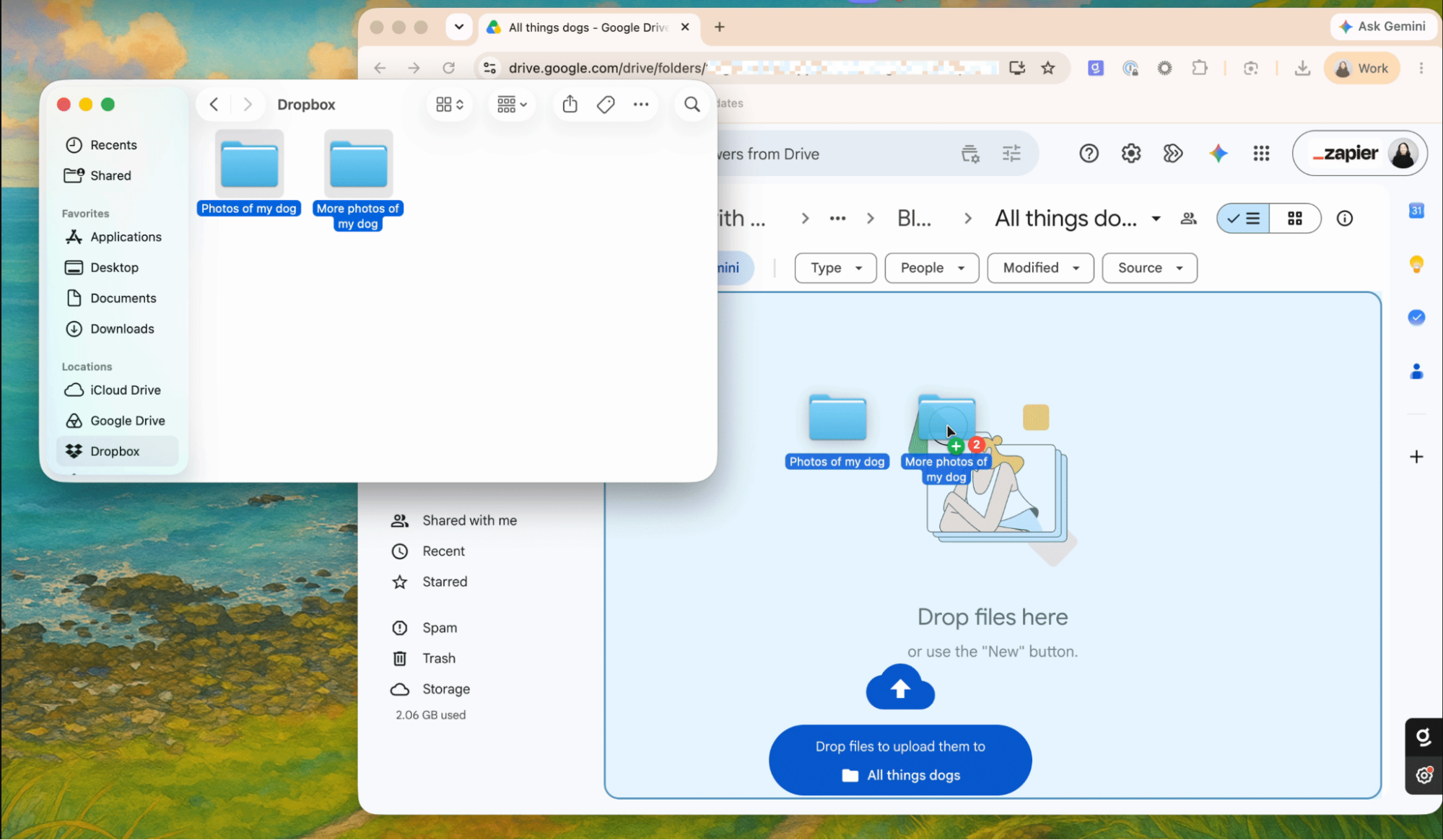 Dragging and dropping folders from the Dropbox desktop folder to Google Drive.