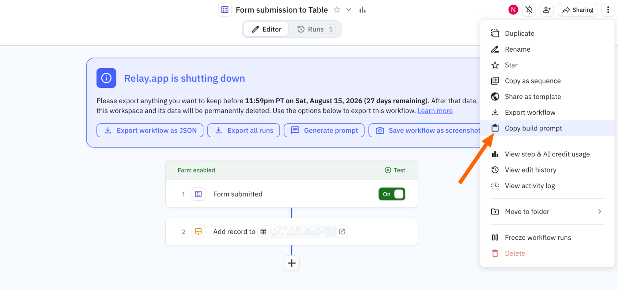 Copying a workflow build prompt from a Relay workspace