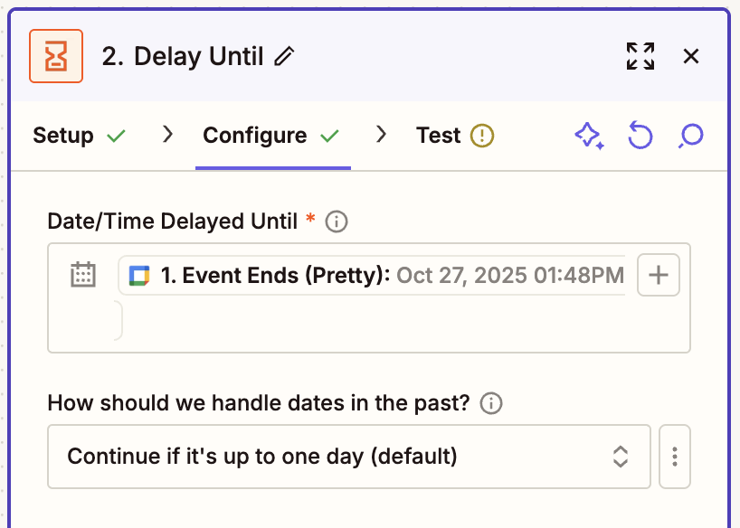 A screenshot of a window in the Zap editor with a Delay Until step configured to continue up to one day for dates in the past.