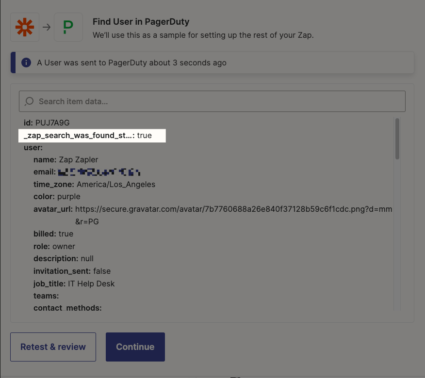 A successful test of the PagerDuty search step. A box highlights a field that tells the user whether the search was successful. 