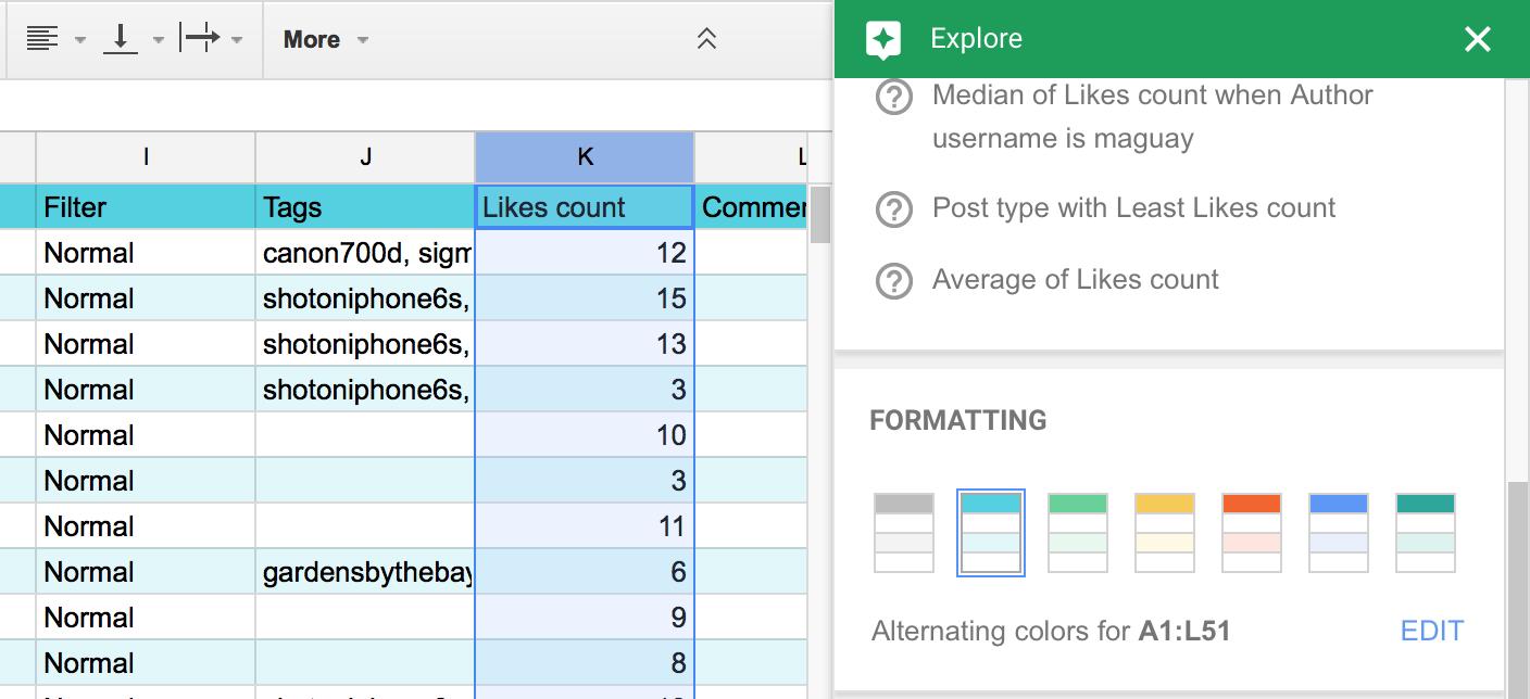 Google Sheets Explore Formatting
