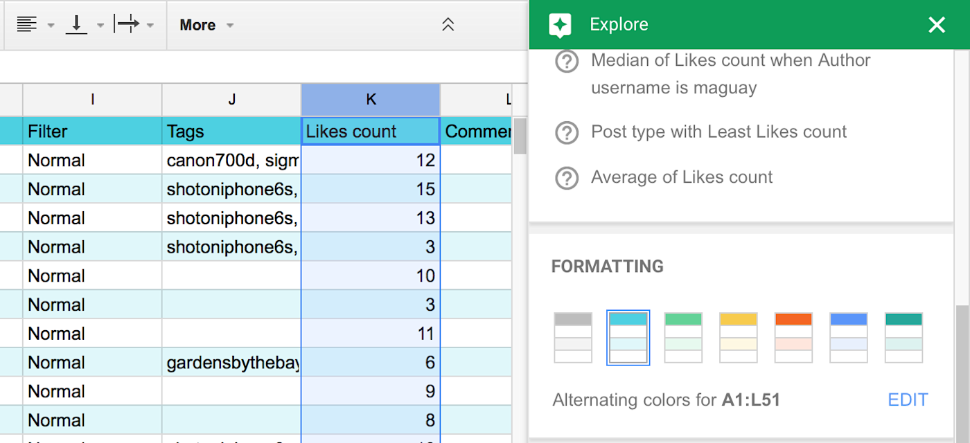 Google Sheets Explore Formatting