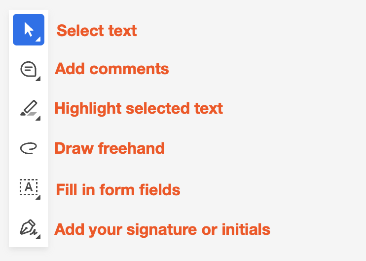 A bar of commonly used editing tools in Adobe Acrobat. From top to bottom: select text, add comments, highlight selected text, draw freehand, fill in form fields, and add your signature or initials.  