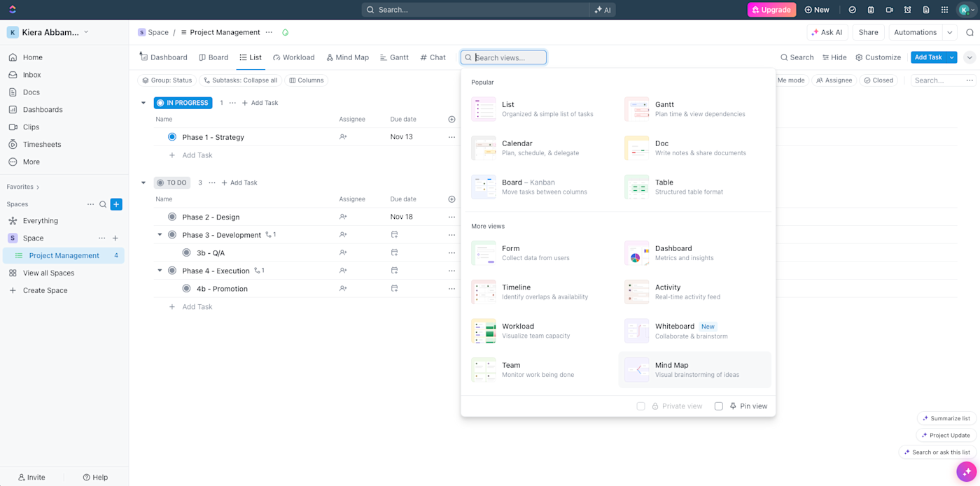 ClickUp, our pick for the best free project management software for customized task views