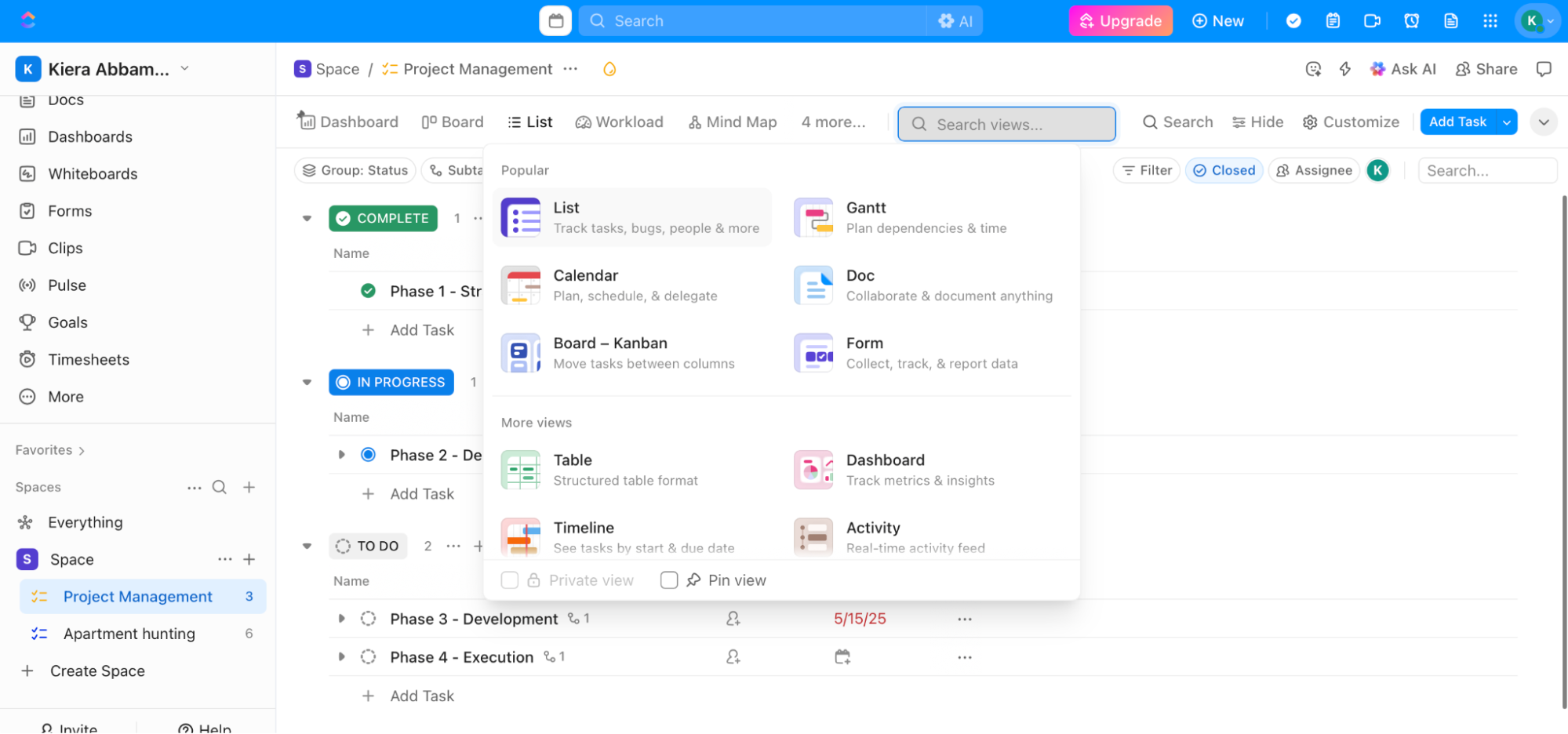 ClickUp, our pick for the best free project management software for customized task views