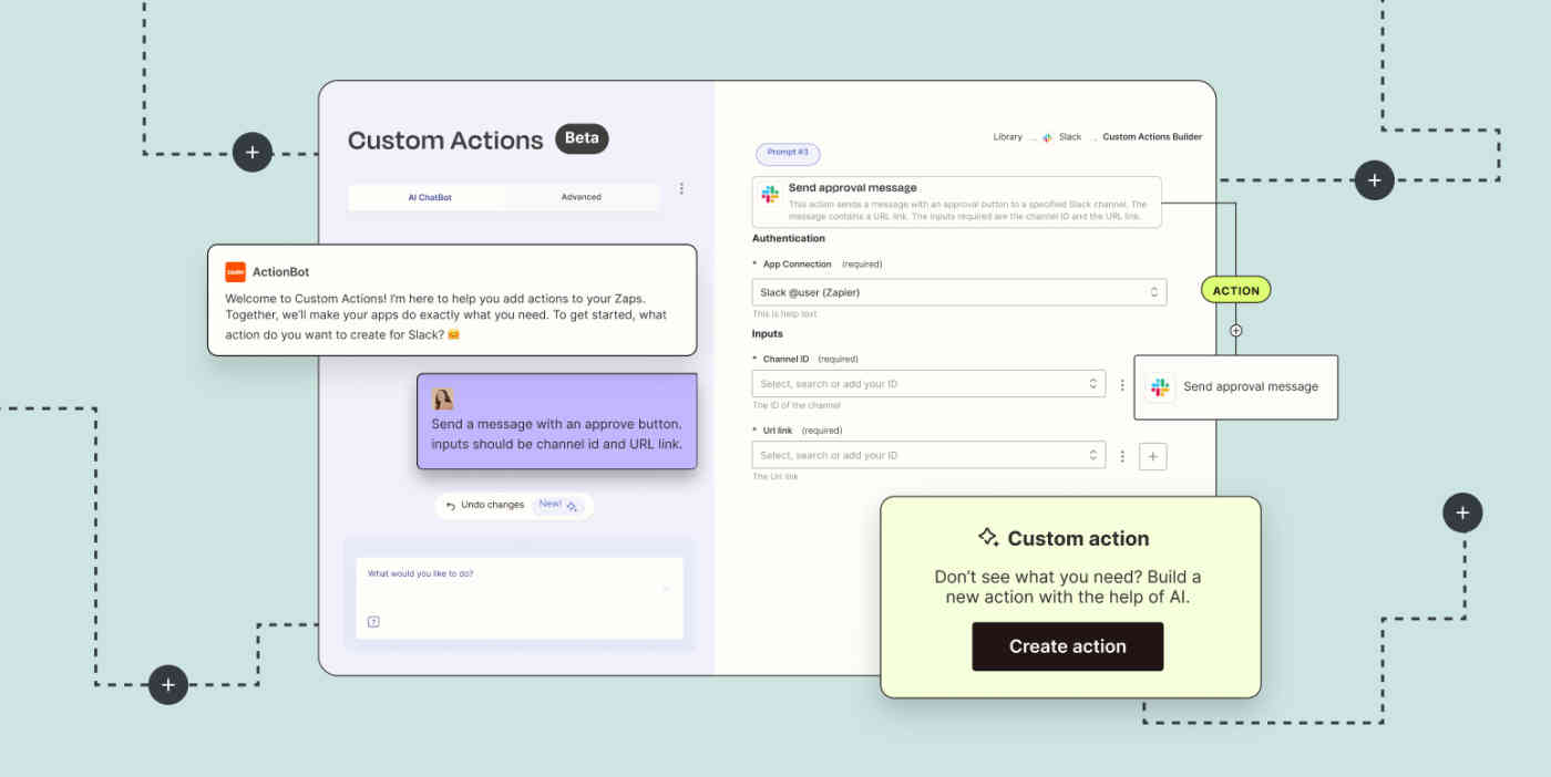 Hero with abstract graphic of Zapier's AI-powered Custom Actions feature.