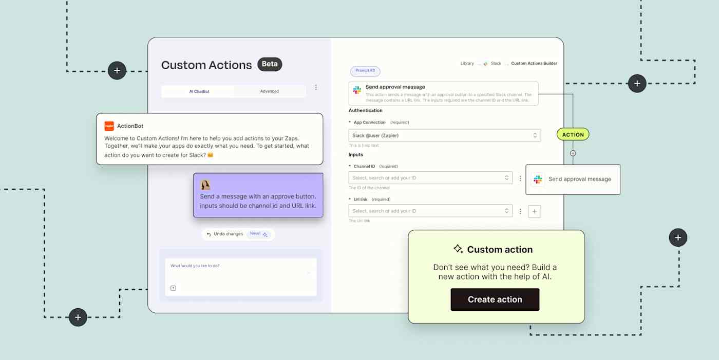 Hero with abstract graphic of Zapier's AI-powered Custom Actions feature.