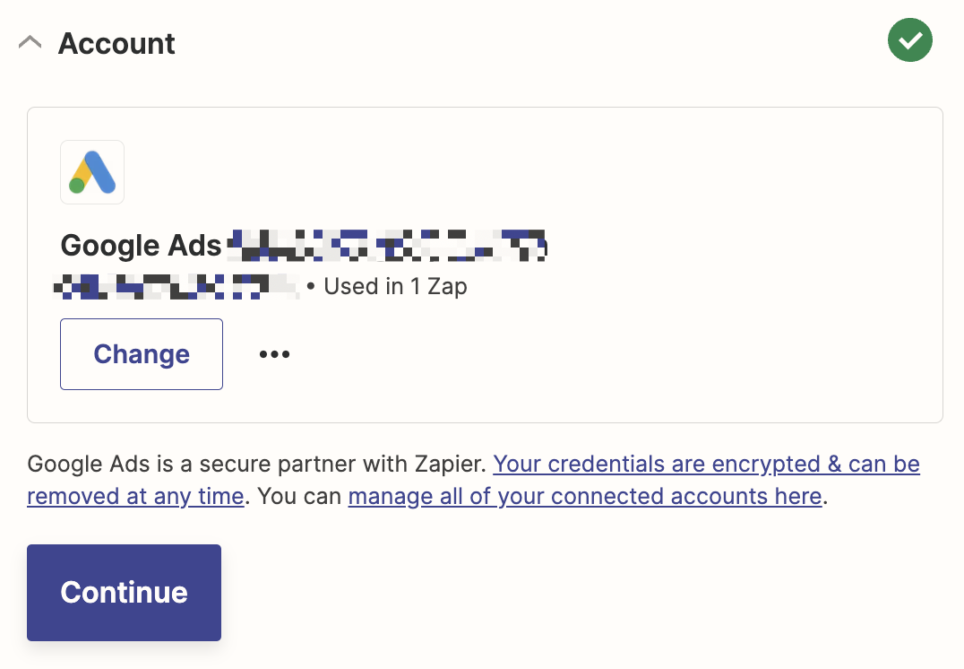 A screenshot of a Google Ads account being linked to Zapier.