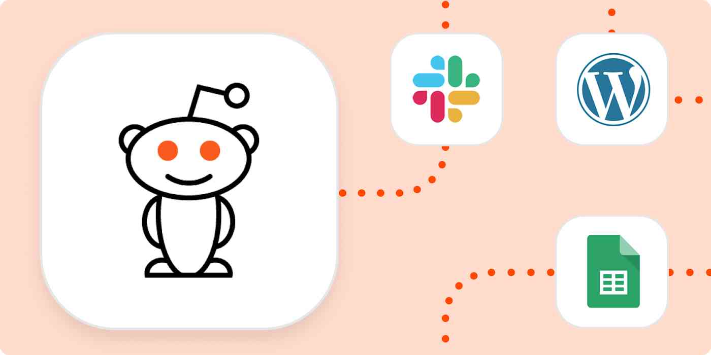The logo for Reddit in a large white square connected by dotted lines to the logos for Slack, WordPress, and Google Sheets, all in separate, smaller white squares.