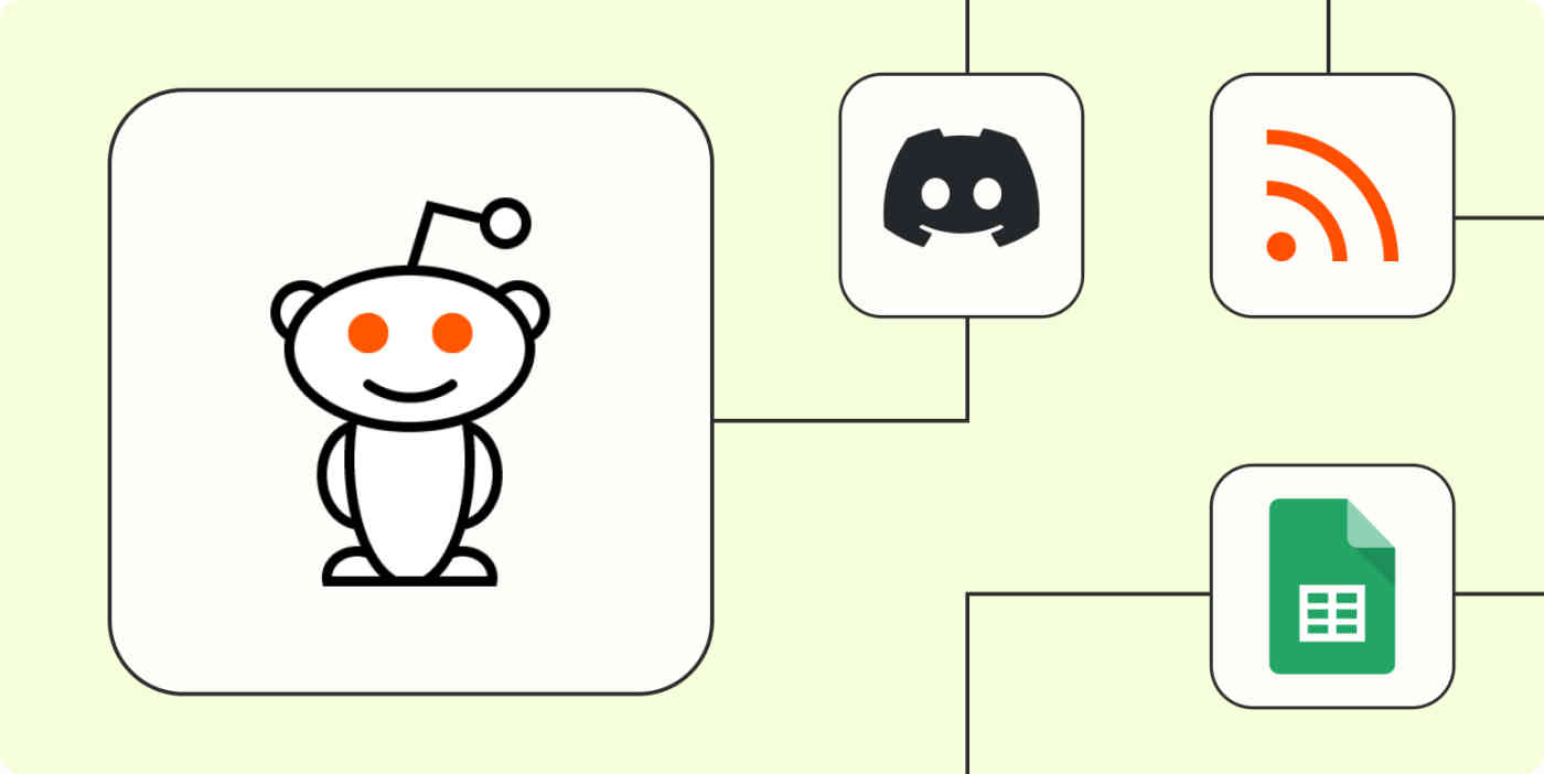 The logo for Reddit in a large white square connected by dotted lines to the logos for Slack, WordPress, and Google Sheets, all in separate, smaller white squares.