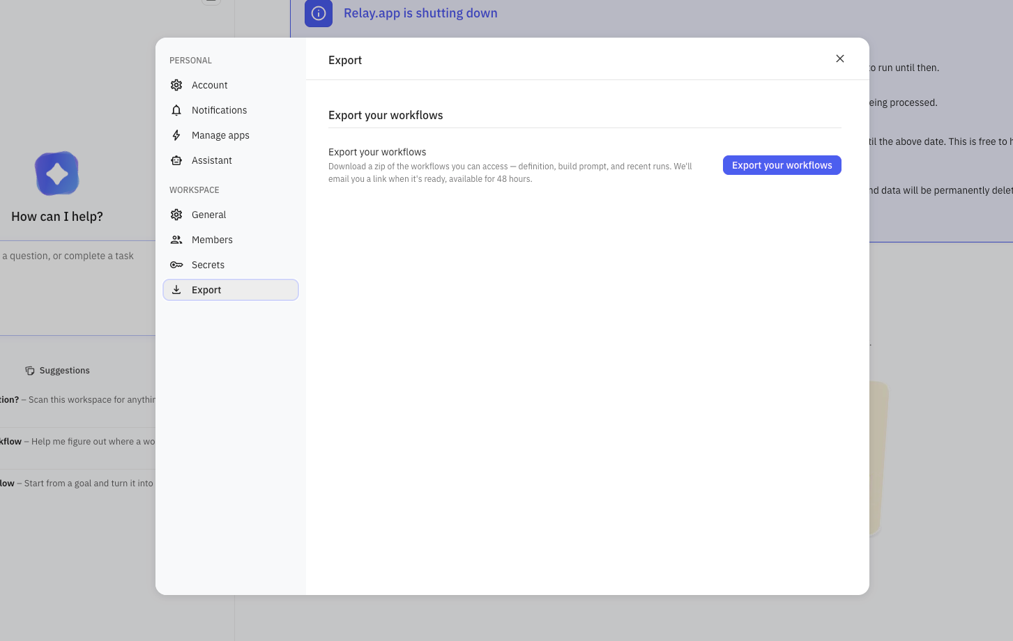 The export settings window in Relay.app