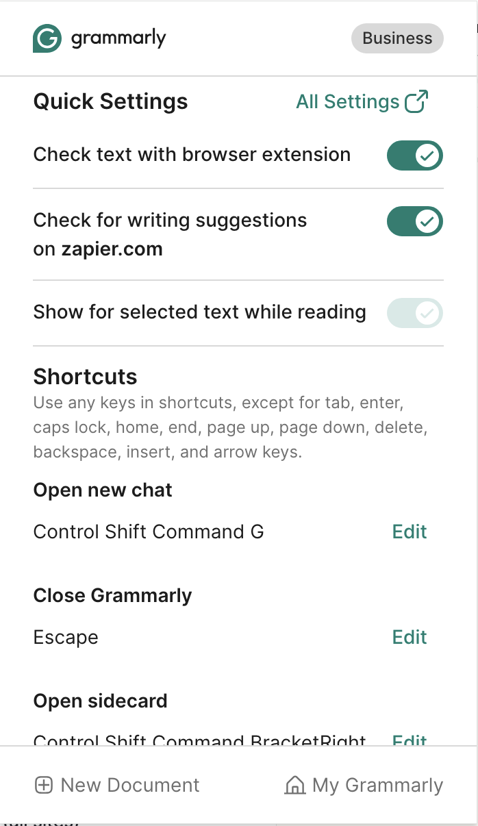 Screenshot of the settings options in the Grammarly extension, with green buttons that allow you to toggle each option on or off