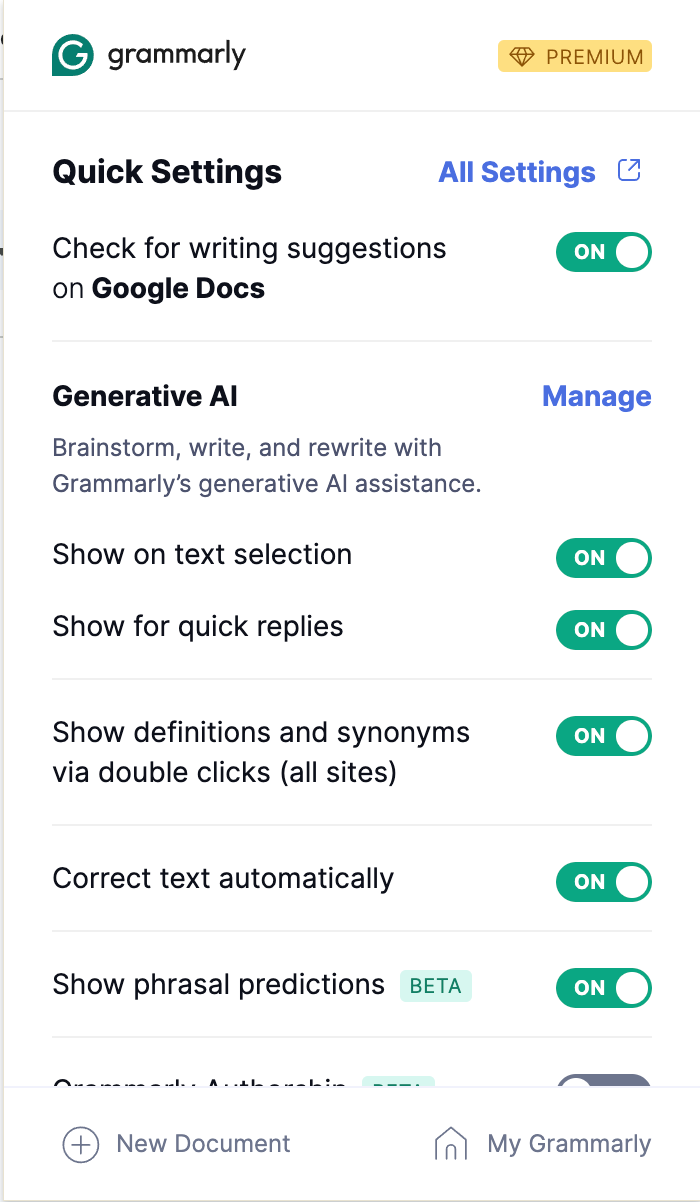 Screenshot of the settings options in the Grammarly extension, with green buttons that allow you to toggle each option on or off