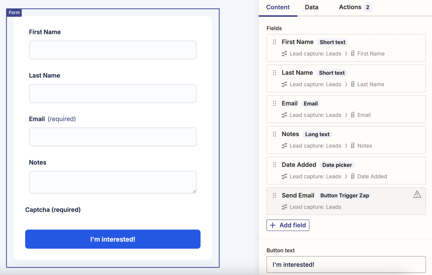 Screenshot of form fields