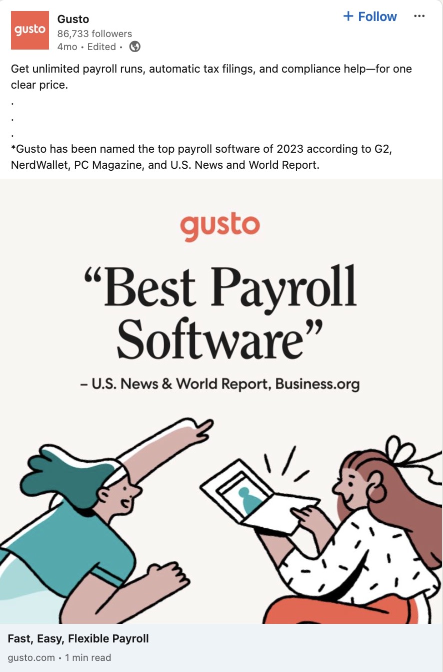 Gusto's test-based endorsement ad on LinkedIn