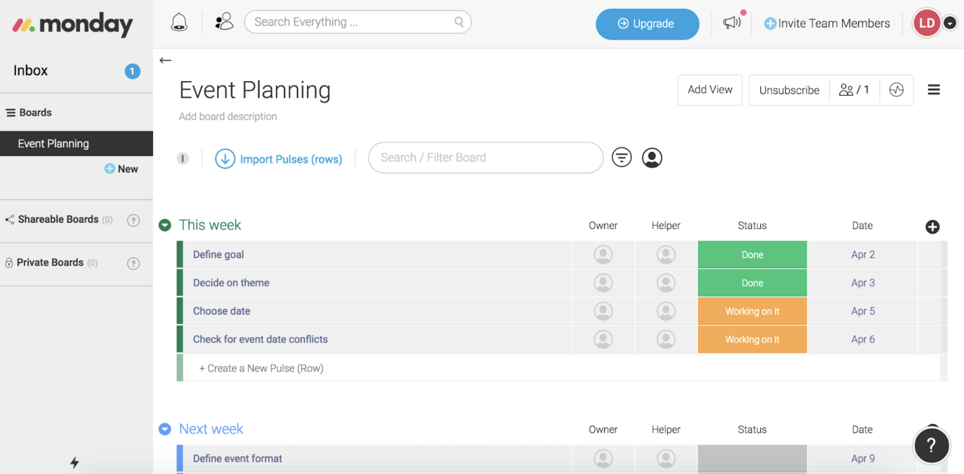 monday.com event planning interface