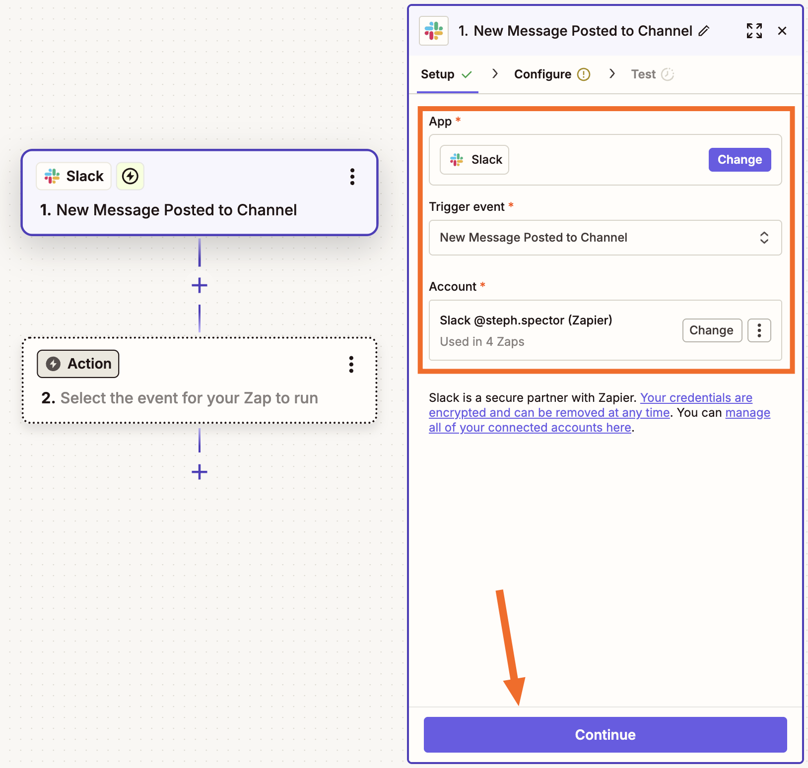 The Zap editor featuring a Slack trigger set up for New Message Posted to Channel