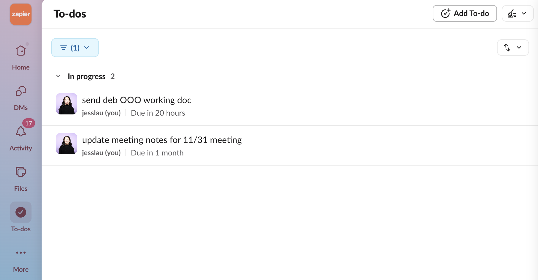 List of Slack to-dos.