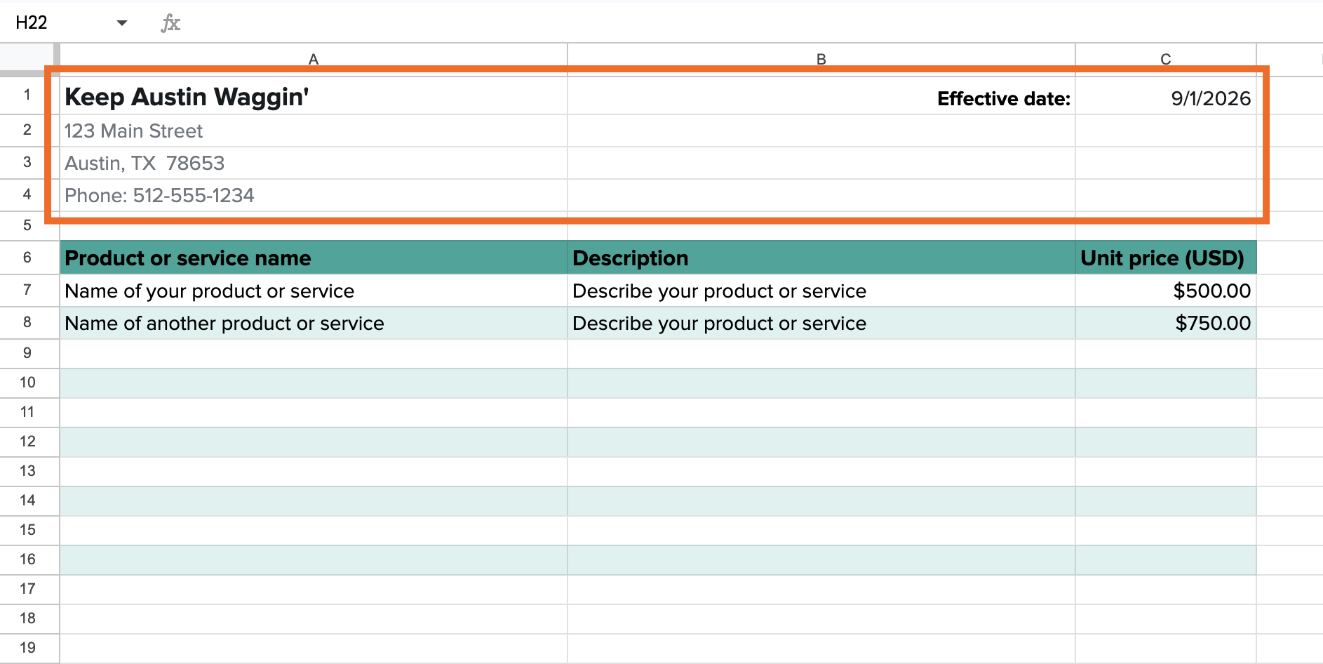 Google Sheets price list template with the company information placeholders updated and highlighted.