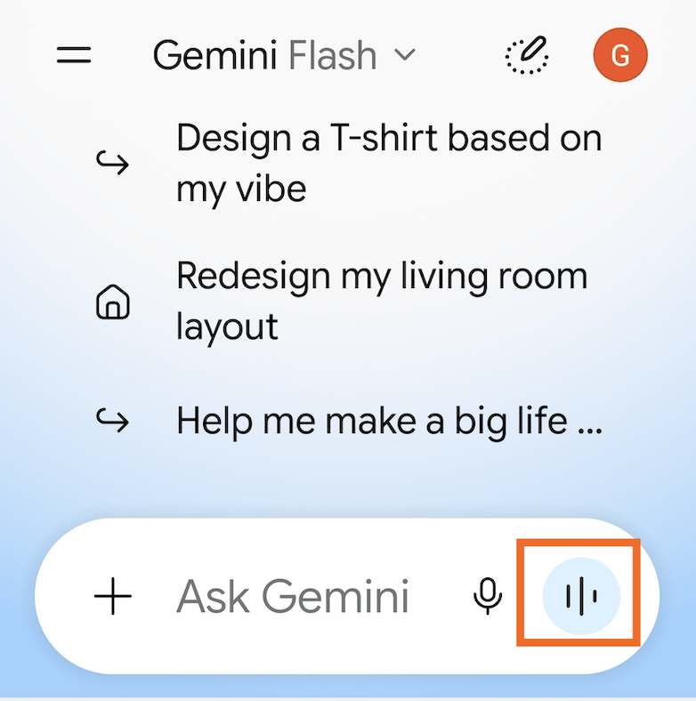 Gemini Live in the Gemini mobile app for Android.