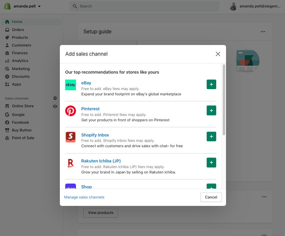 Screenshot of Shopify's sales channel options