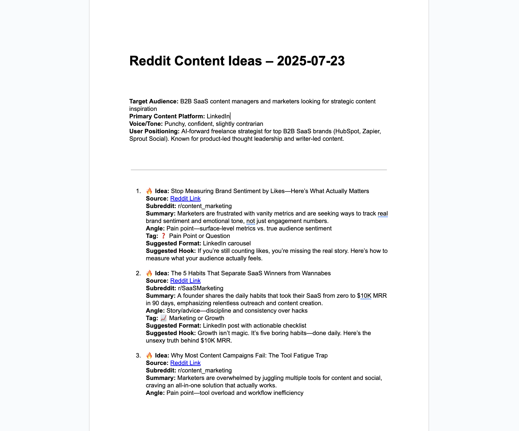 Google Doc that lists B2B SaaS marketing topics with summaries, tags, and suggested formats