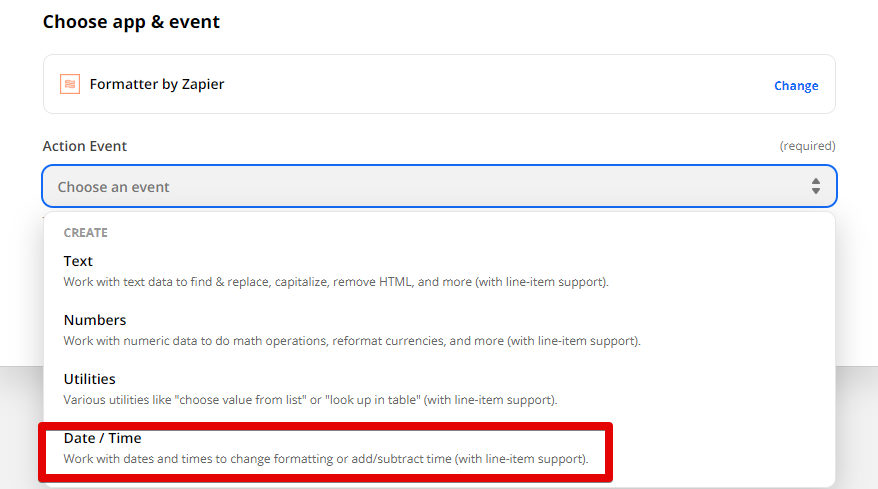 A dropdown underneath the text Action Event with a red box surrounding the Date / Time option