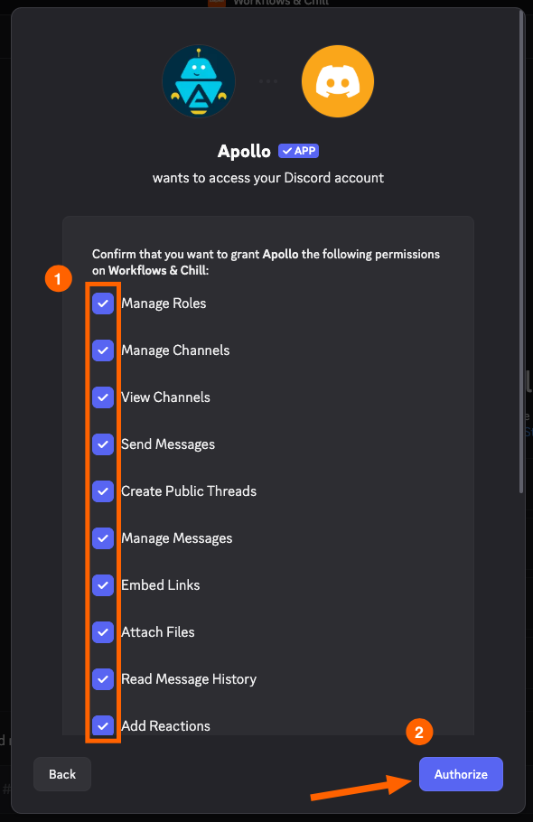 A screenshot shows a user granting Apollo permissions on one of their servers. 