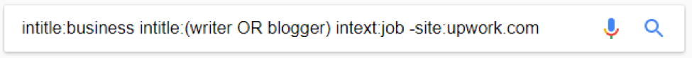 Google search for intitle:business intitle:(writer OR blogger) intext:job -site:upwork.com