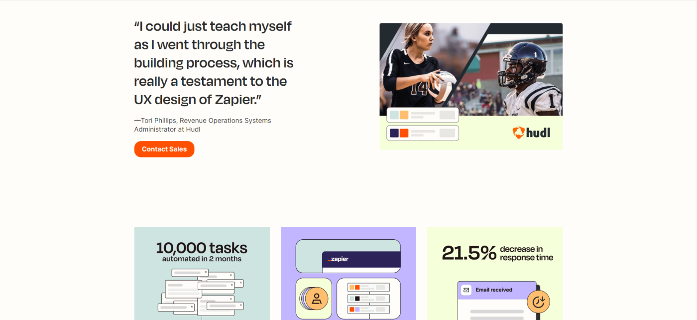 Screenshot of Hudl and Zapier's case study, showing data visualizations at the bottom, two photos of people playing sports on the top right , and a quote from the Hudl team on the topleft  