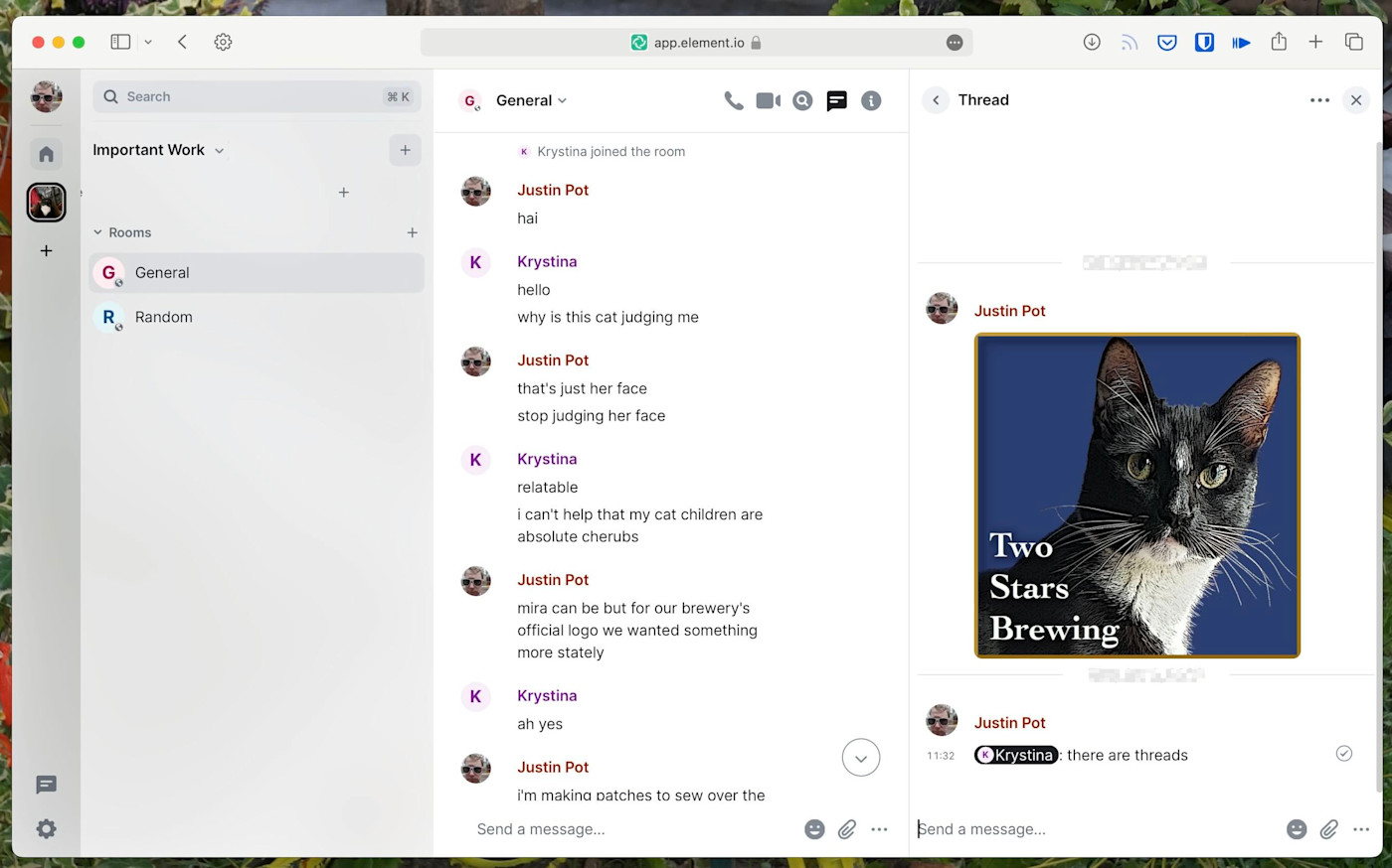 Element, our pick for the best self-hosted team chat app