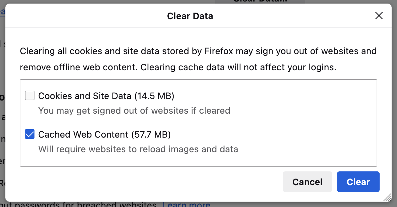Clear data pop-up window from a Firefox web browser. 