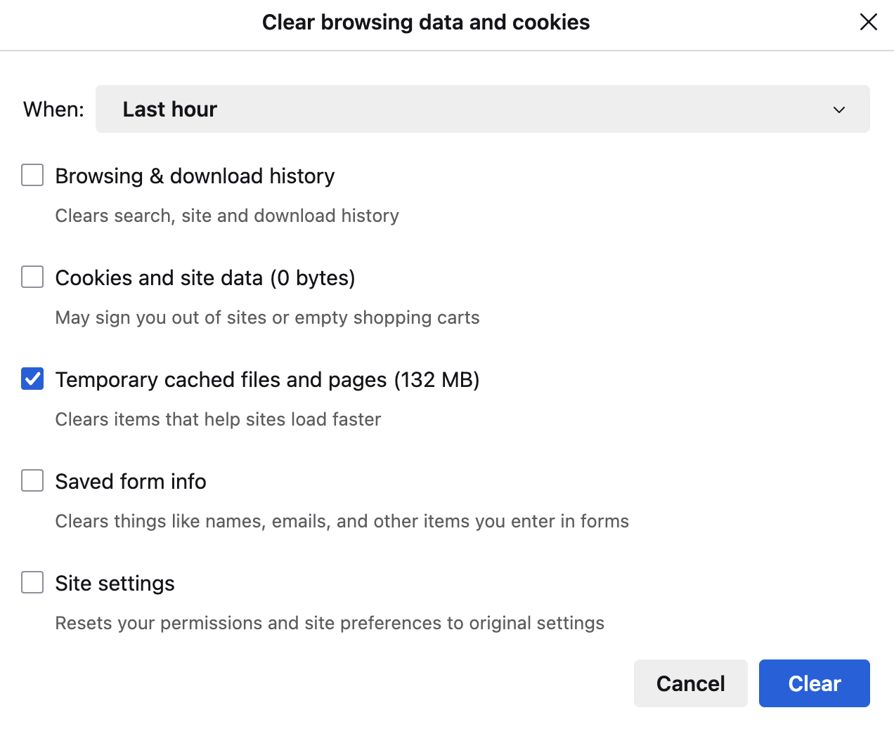 Clear data pop-up window from a Firefox web browser. 
