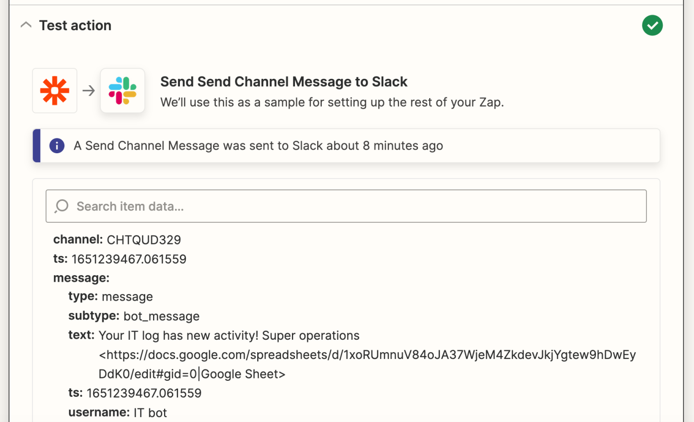 The Zapier app logo connected to the Slack app logo with an arrow next to the text "Send Channel Message to Slack".