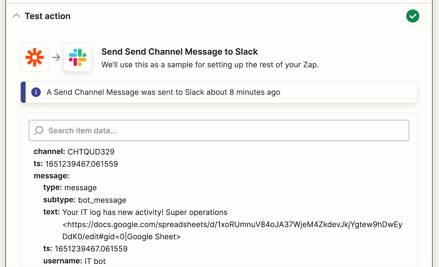 The Zapier app logo connected to the Slack app logo with an arrow next to the text "Send Channel Message to Slack".