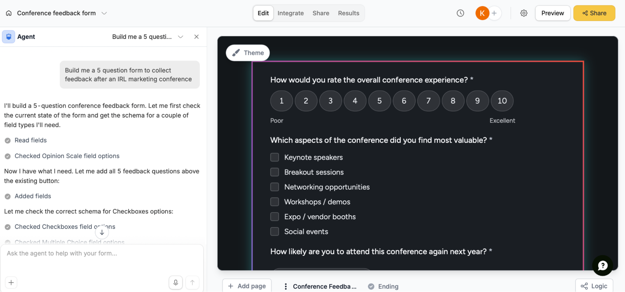 Fillout, our pick for the best form software for building a form with AI
