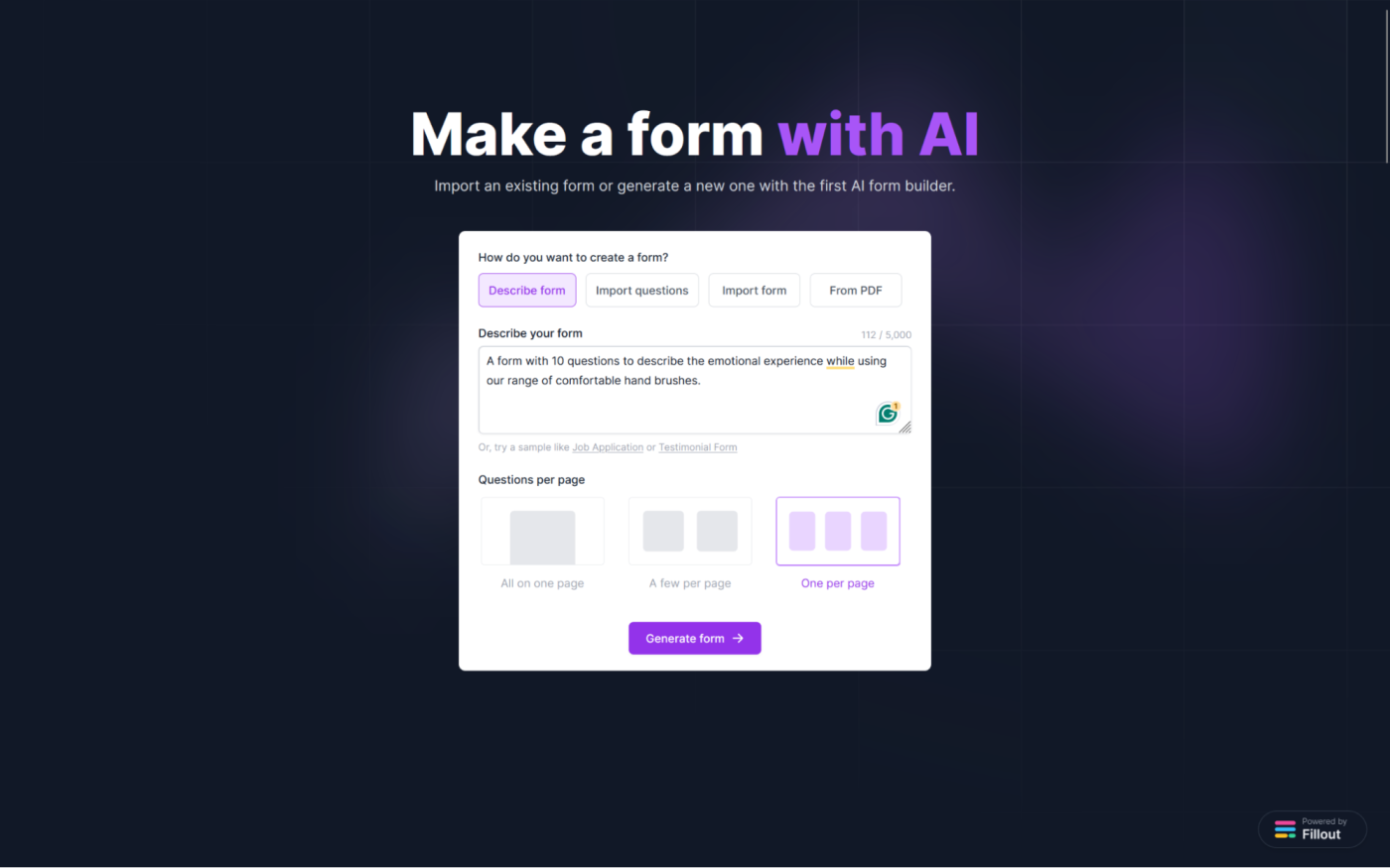 Fillout, our pick for the best form software for building a form with AI