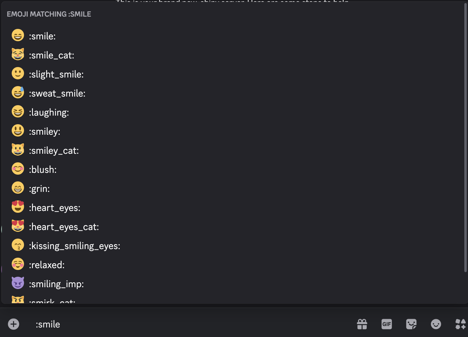 List of relevant Discord emoji for the smile emoji shortcode. 