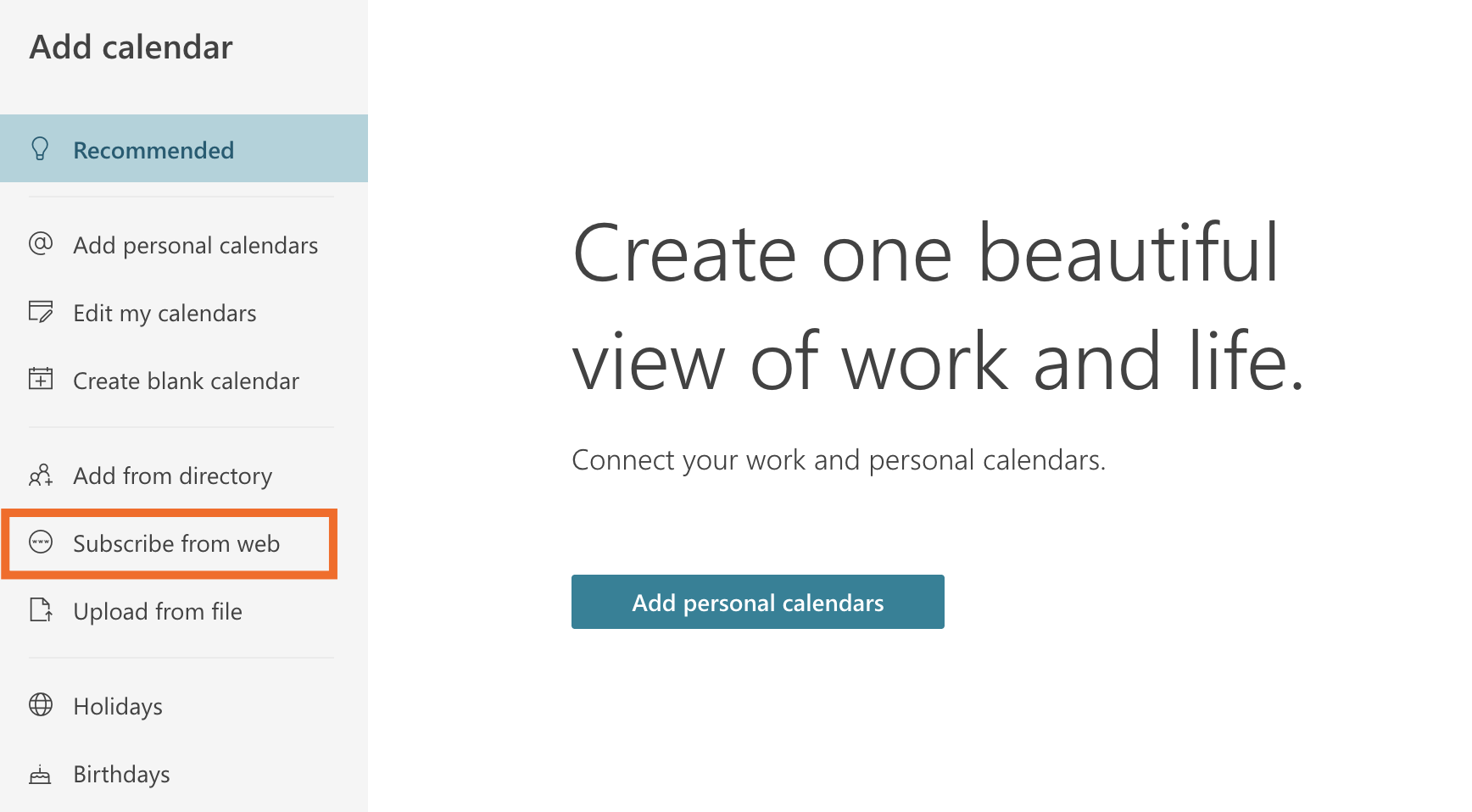 Outlook Calendar with option to subscribe to another calendar from the web highlighted.