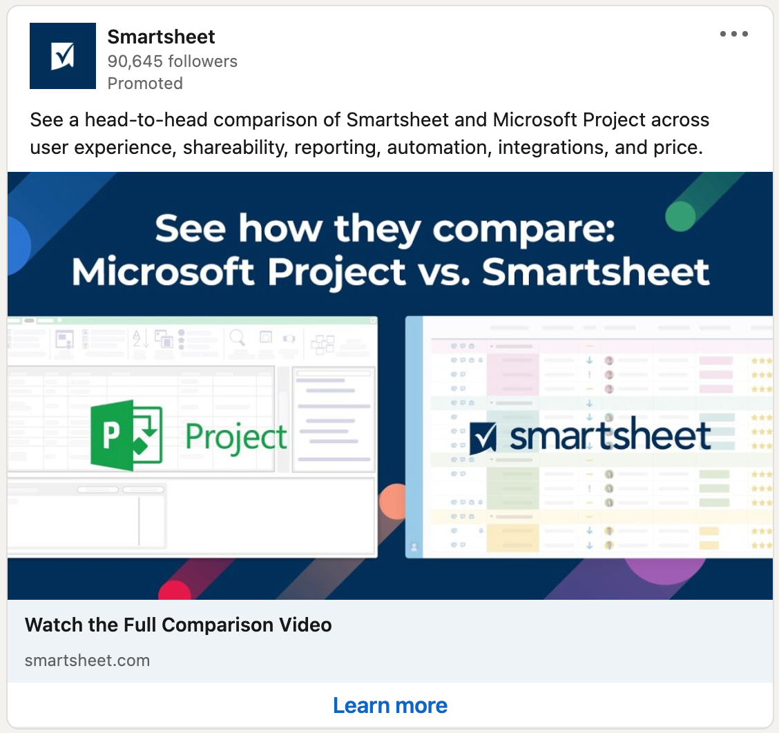 LinkedIn Lead Gen ad example from Smartsheet, showing a comparison between Microsoft Project and Smartsheet