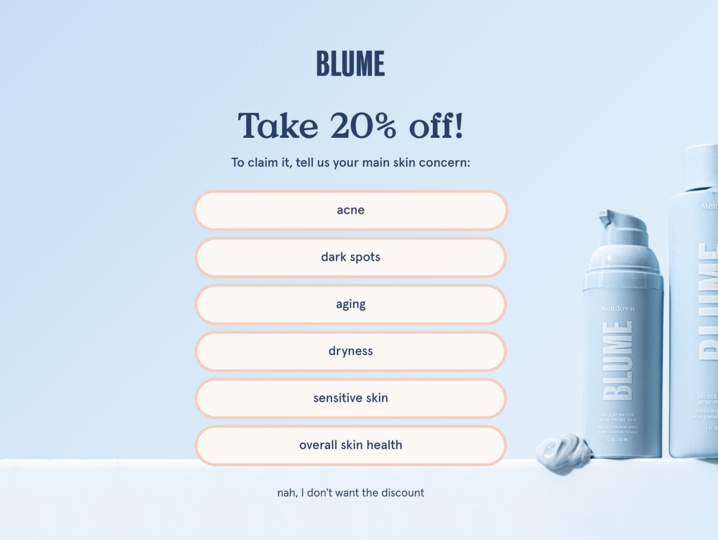 Blume's 20% off offer on Shopify