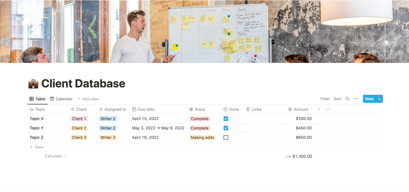 Client database list view in Notion
