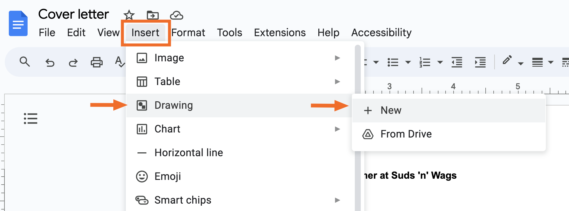 How to insert a new drawing in Google Docs.