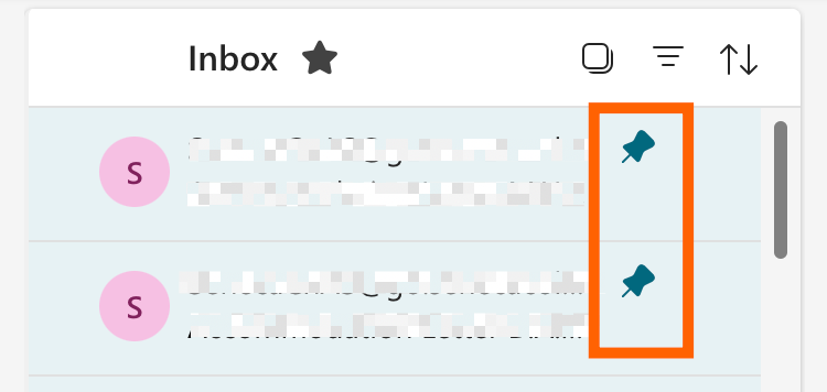 List of pinned emails at the top of an inbox in Outlook. 